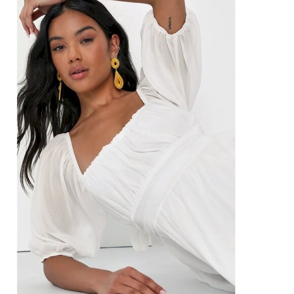 Lulus Ethereal Arrival White Puff Sleeve Tie-Back Chiffon Mini Dress Size Small - Picture 5 of 8
